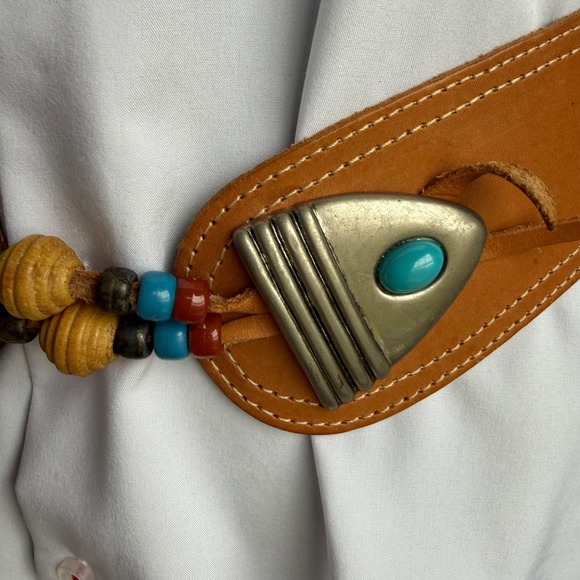 Vtg Southwestern Leather Belt Boho Turquoise Beaded Waist Belt Brown Sz S/M main image 6